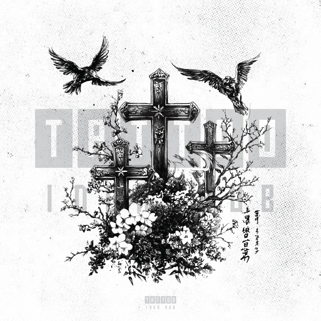 3 cross in graveyard tattoo idea design stencil png