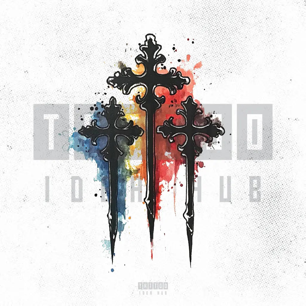 watercolor 3 cross tattoo idea design stencil png
