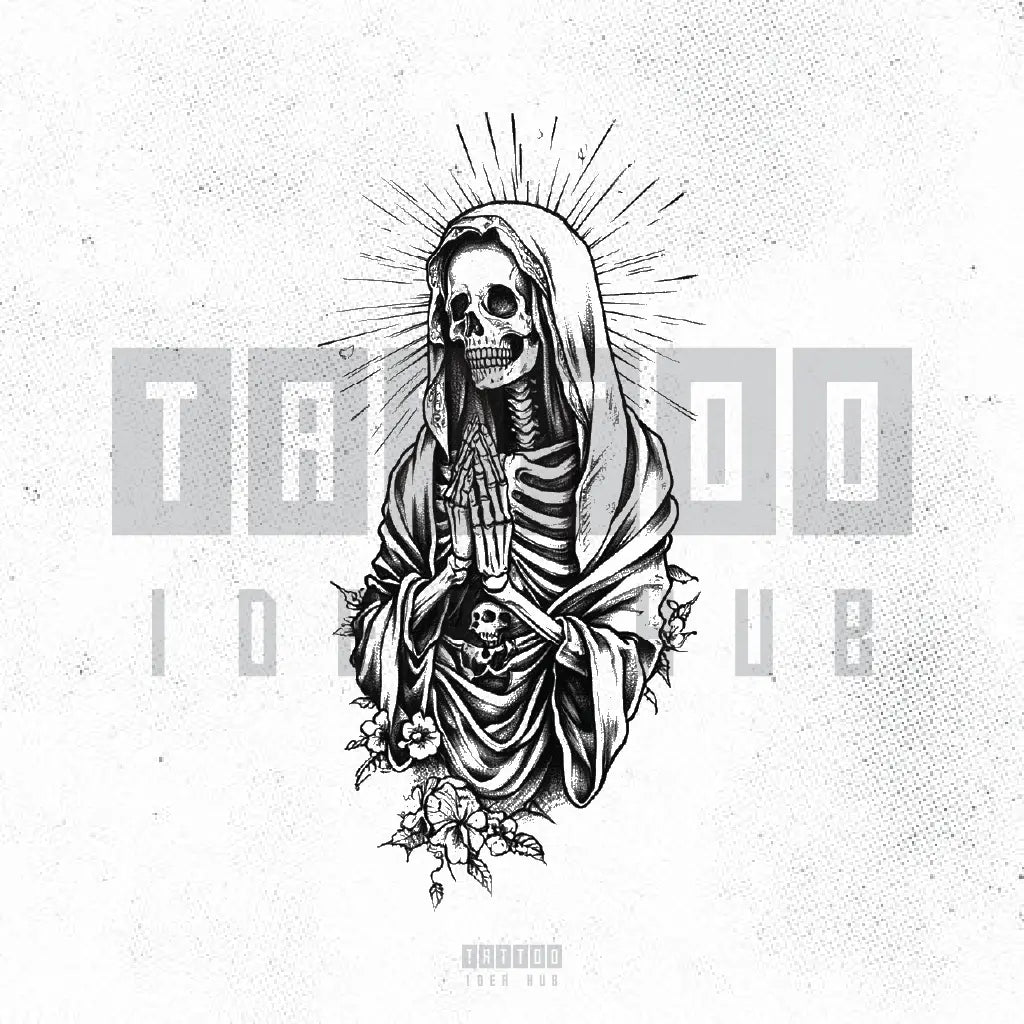 skeleton virgin mary skull tattoo idea design stencil png