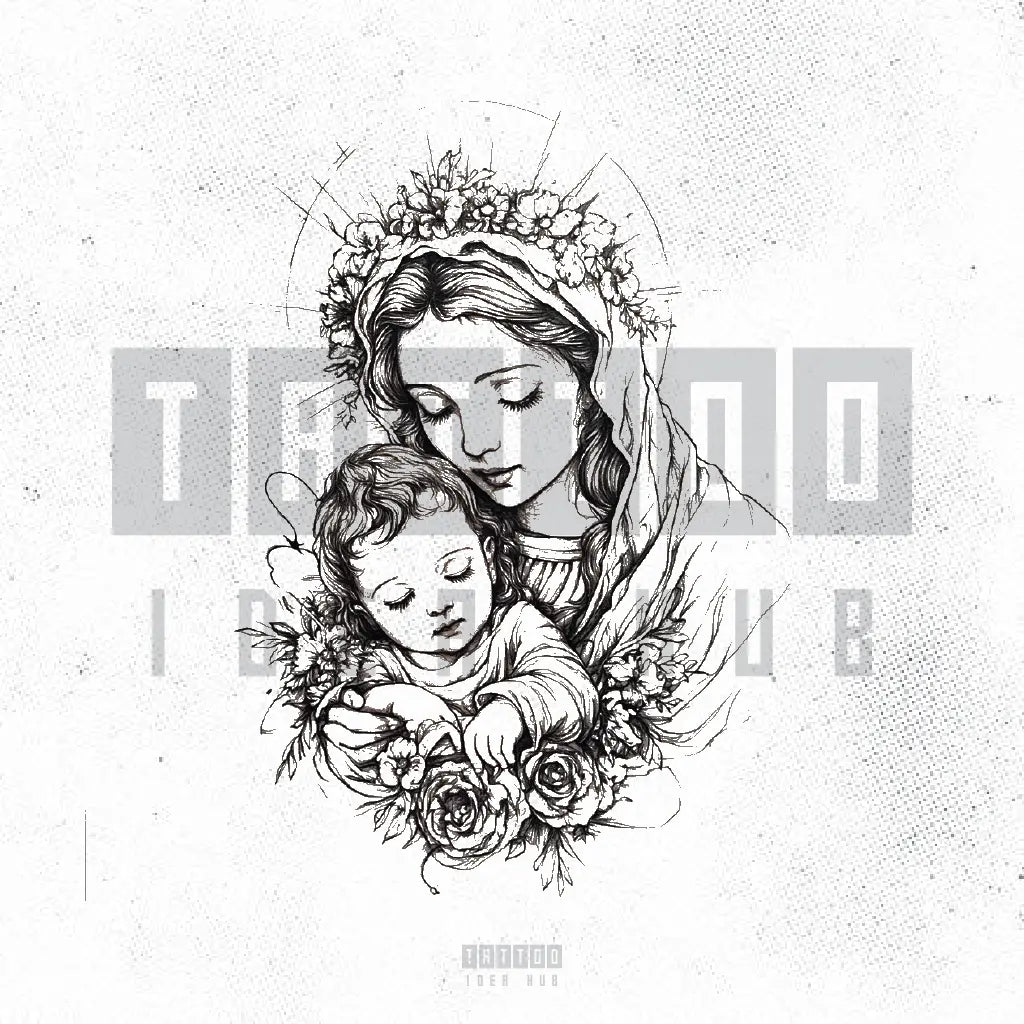 virgin mary and baby jesus tattoo idea design stencil png