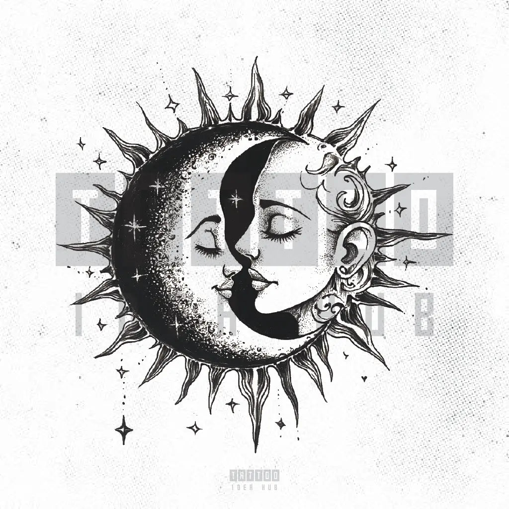sun and moon together kissing tattoo idea design stencil png