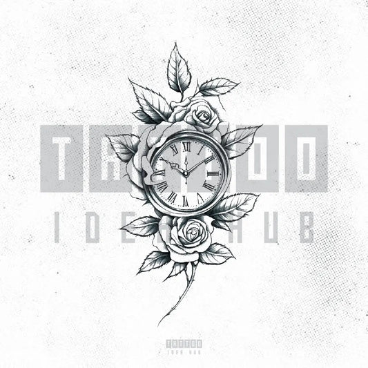 rose and clock tattoo idea design stencil png