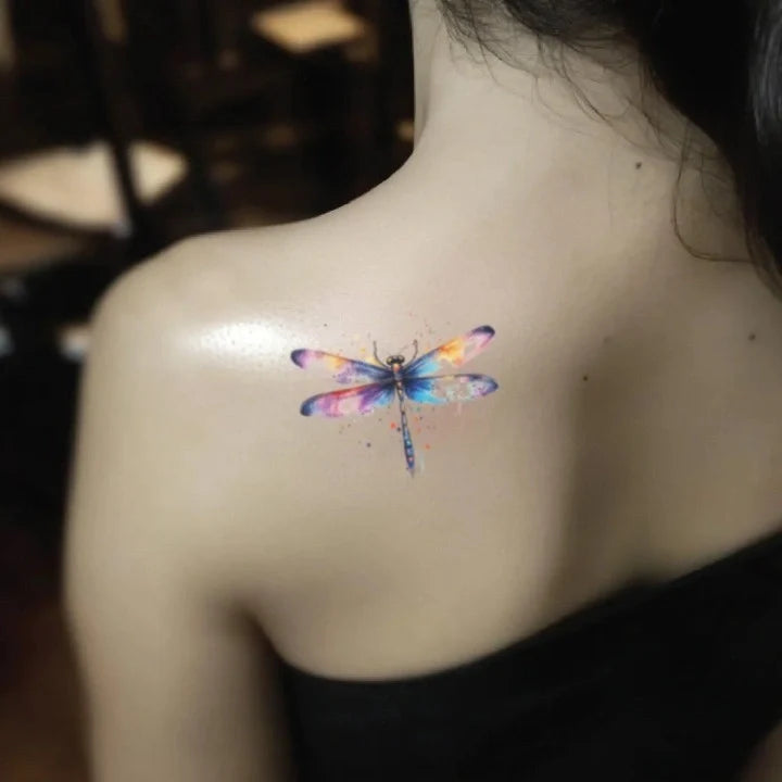 watercolor dragonfly shoulder temporary tattoo idea design