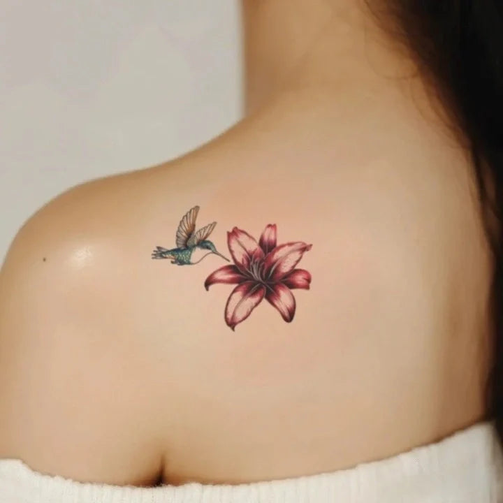 hummingbird and lily shoulder temporary tattoo idea design