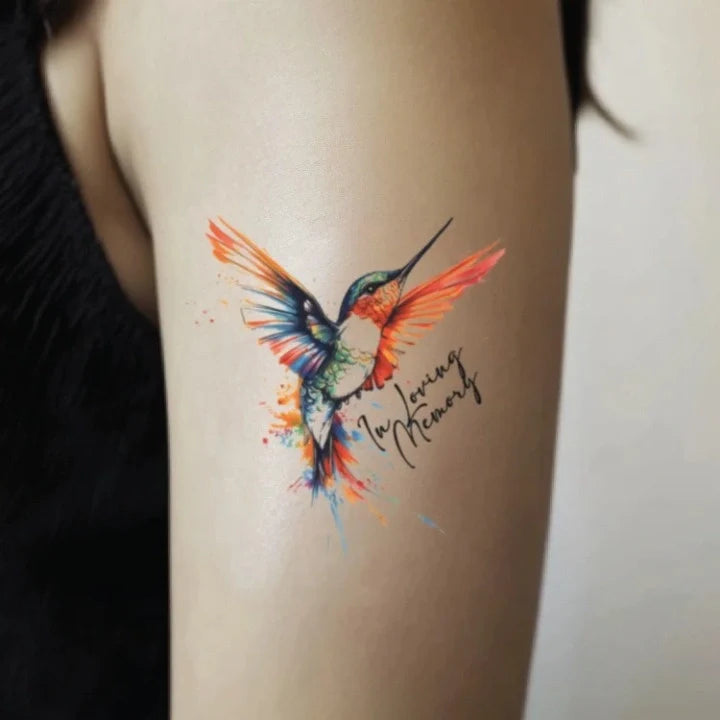 hummingbird memorial bicep temporary tattoo idea design