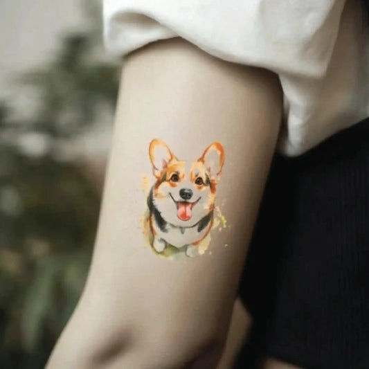watercolor corgi dog bicep temporary tattoo idea design