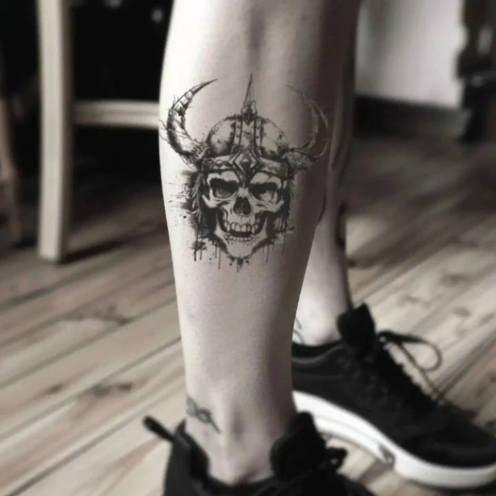 viking skull sketch leg temporary tattoo idea design