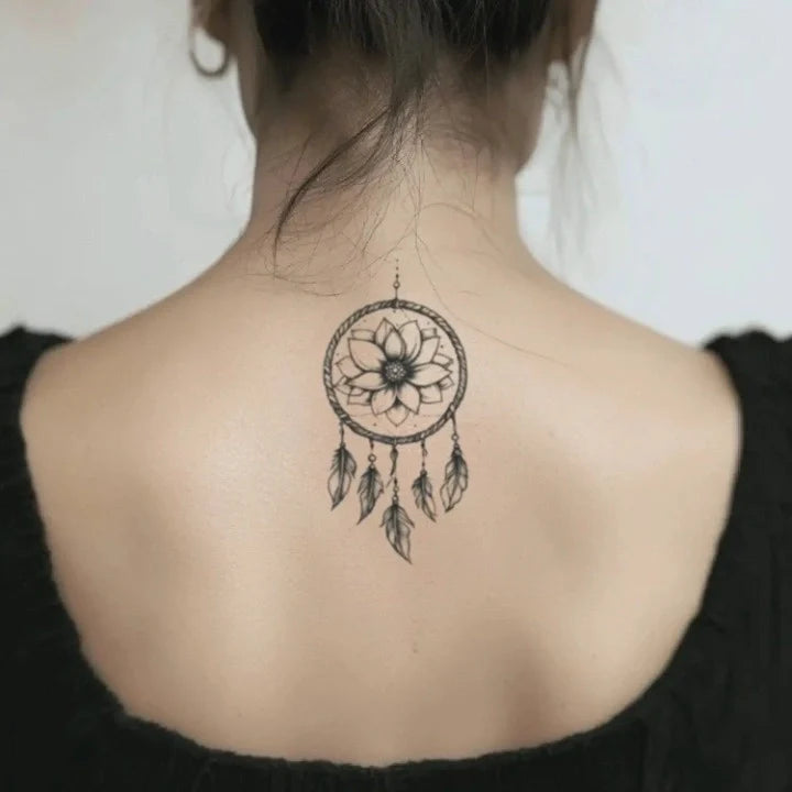 flower dreamcatcher neck temporary tattoo idea design