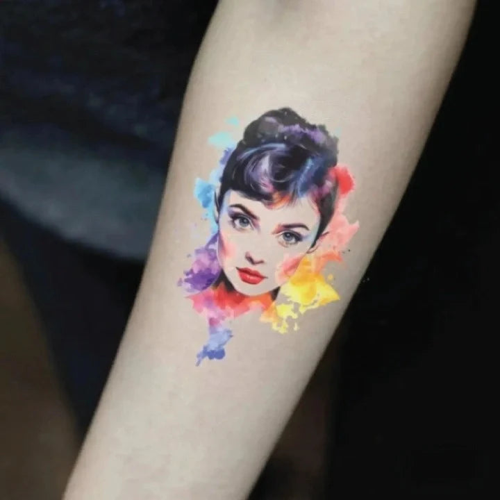 watercolor audrey hepburn portrait forearm temporary tattoo idea design
