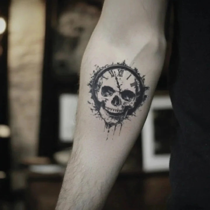 simple skull vintage clock forearm temporary tattoo idea design