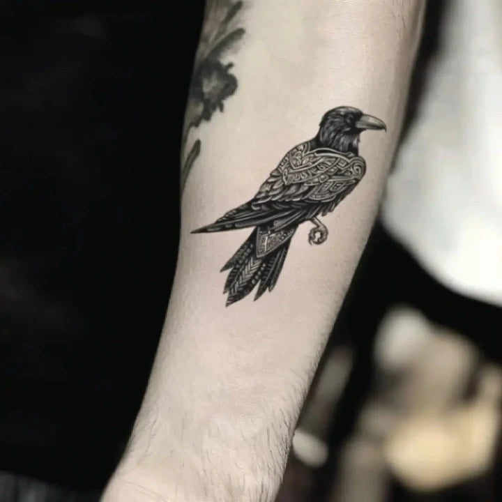 nordic viking raven forearm temporary tattoo idea design