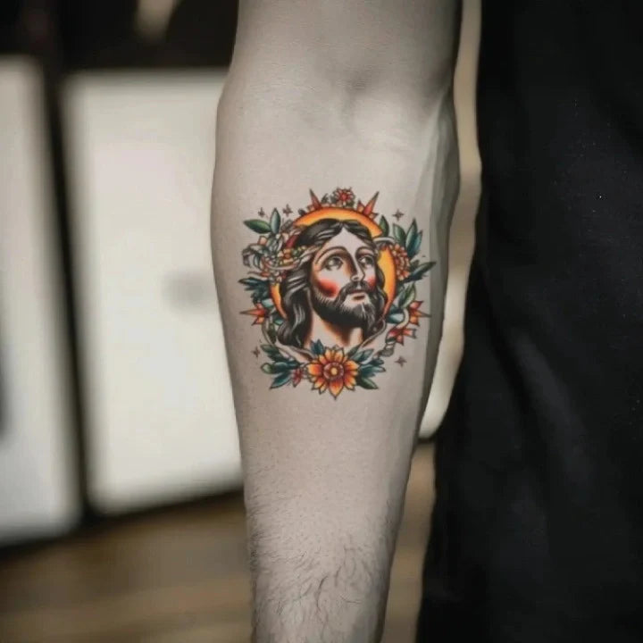 traditional jesus portrait forearm temporary tattoo idea design