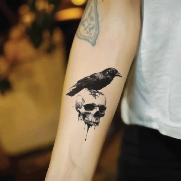 gothic crow on skull forearm temporary tattoo idea design