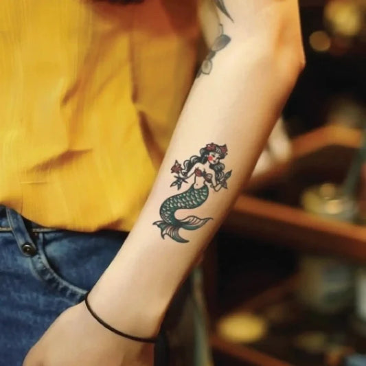 traditional pinup mermaid vintage forearm temporary tattoo idea design