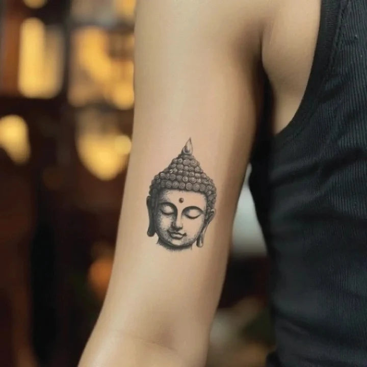 simple buddha bicep temporary tattoo idea design