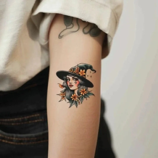 vintage witch forearm temporary tattoo idea design