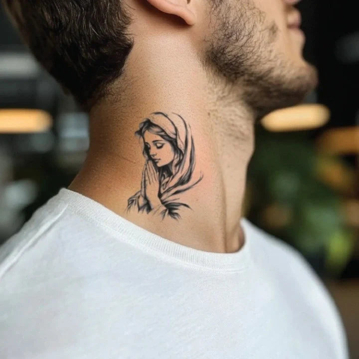 virgin mary praying neck temporary tattoo idea design