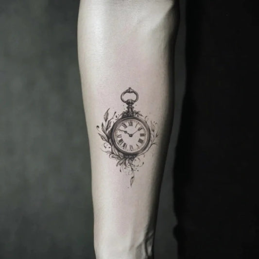 vintage clock forearm temporary tattoo idea design