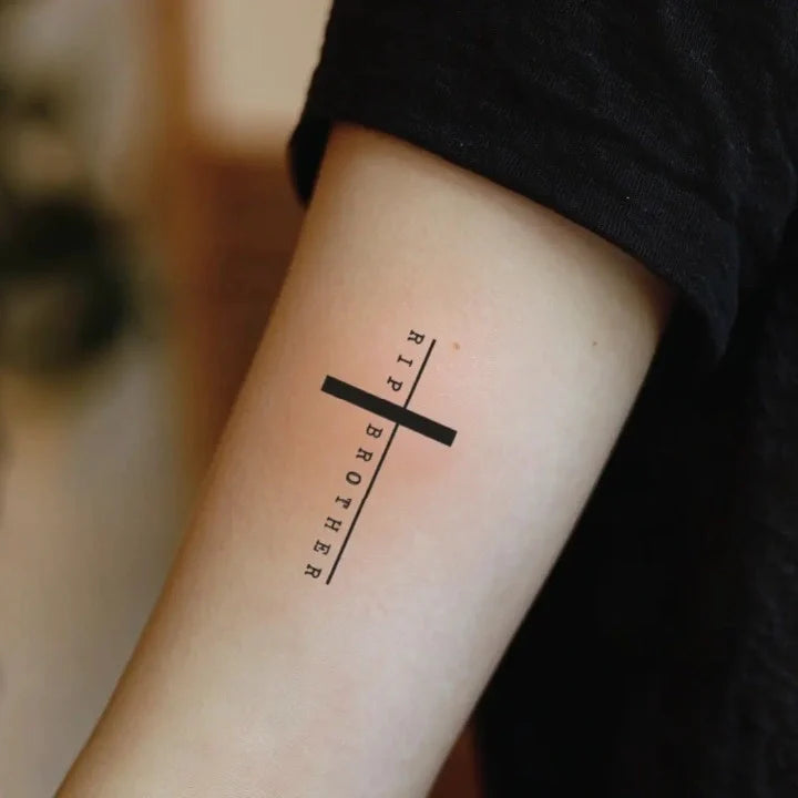 rip brother cross bicep temporary tattoo idea design