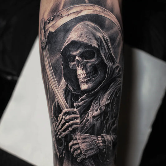 3d grim reaper half sleeve tattoo on forearm