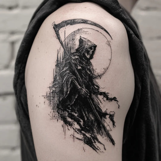 blackwork grim reaper tattoo on shoulder