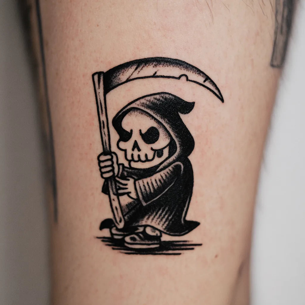 cartoon grim reaper tattoo on forearm