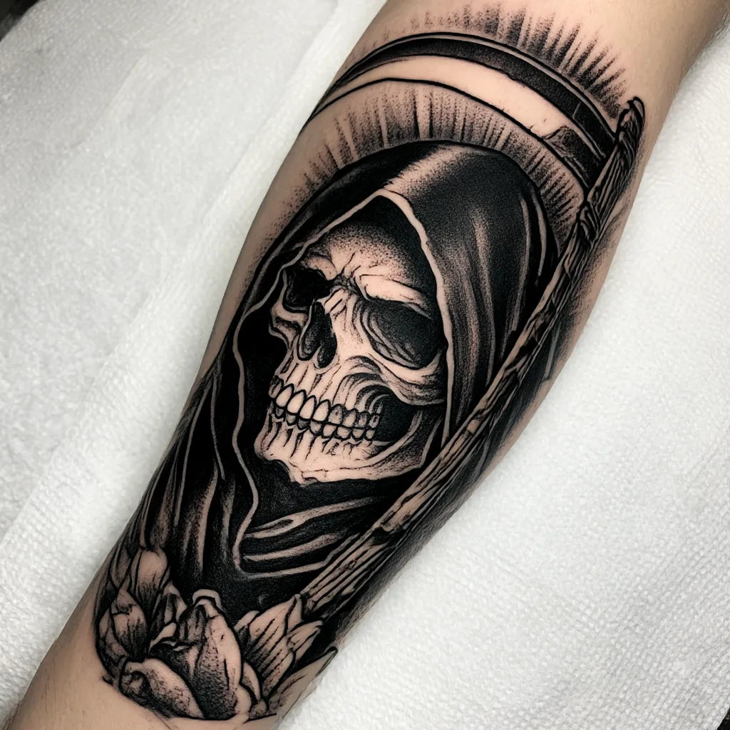 chicano grim reaper tattoo on forearm