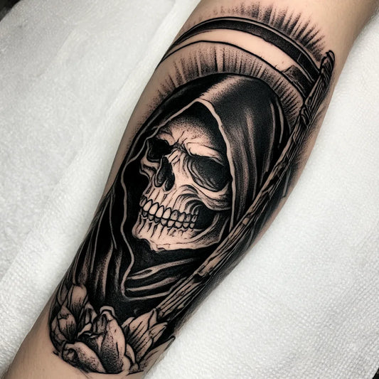 chicano grim reaper tattoo on forearm
