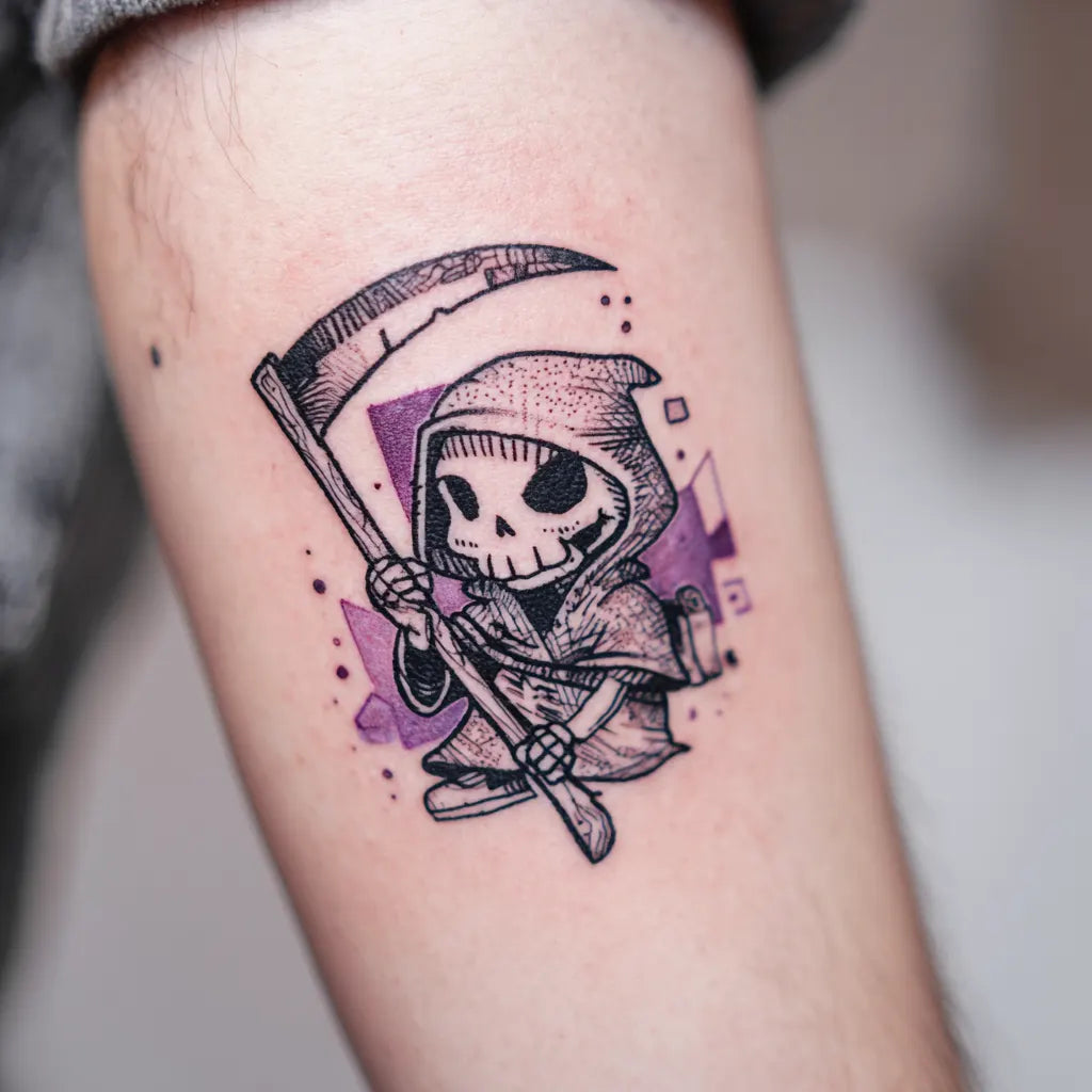 comic grim reaper tattoo on forearm