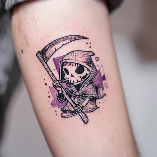 comic grim reaper tattoo on forearm