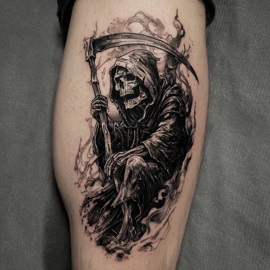 demon grim reaper tattoo on calf
