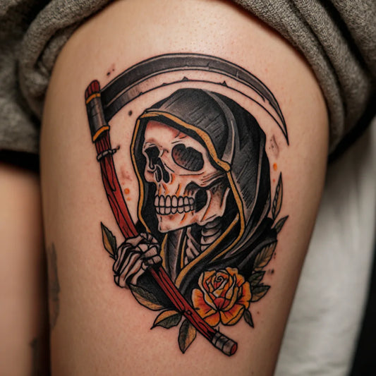 female grim reaper tattoo on thigh