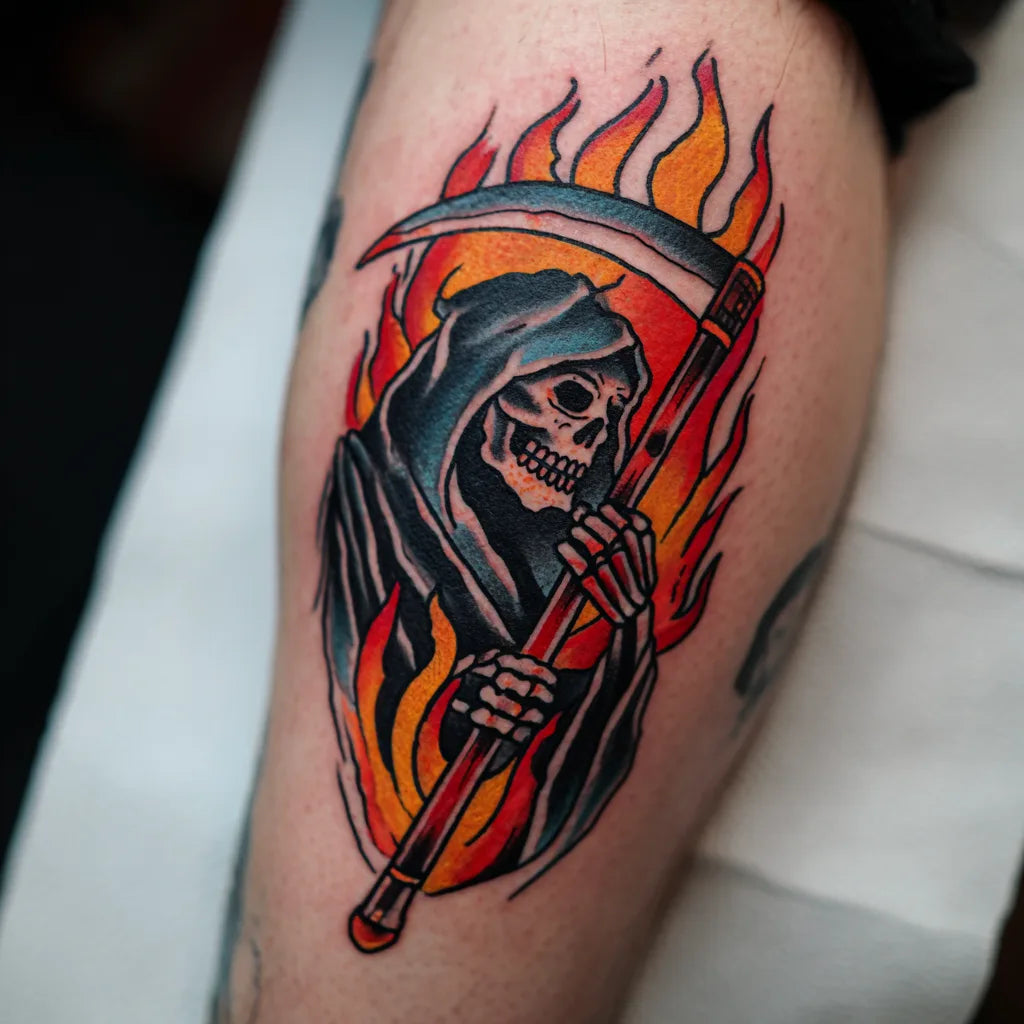 flaming grim reaper tattoo on leg