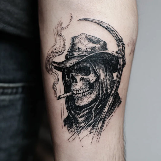 gangster grim reaper tattoo on forearm