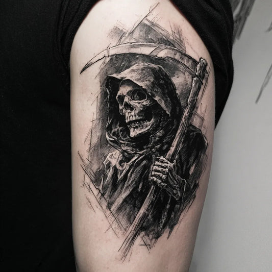 gothic grim reaper tattoo on bicep