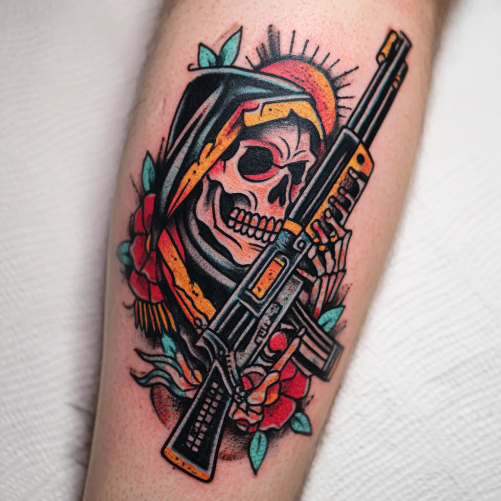 grim reaper ar15 gun tattoo on forearm