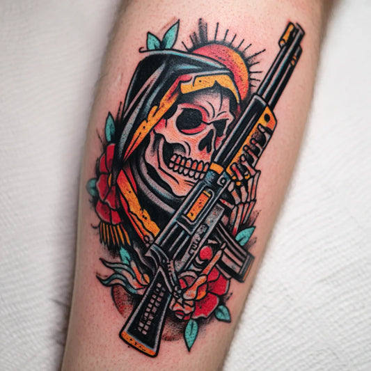 grim reaper ar15 gun tattoo on forearm