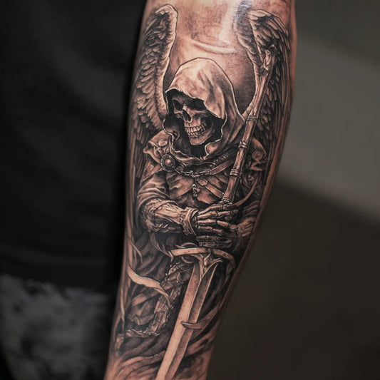 grim reaper archangel half sleeve tattoo on forearm