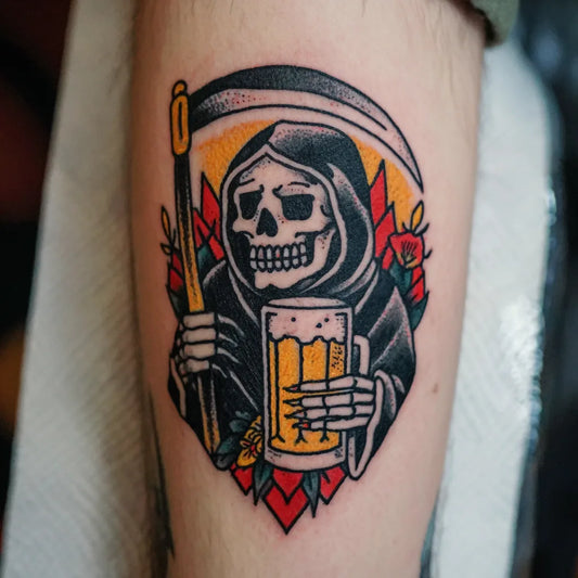 grim reaper beer tattoo on forearm