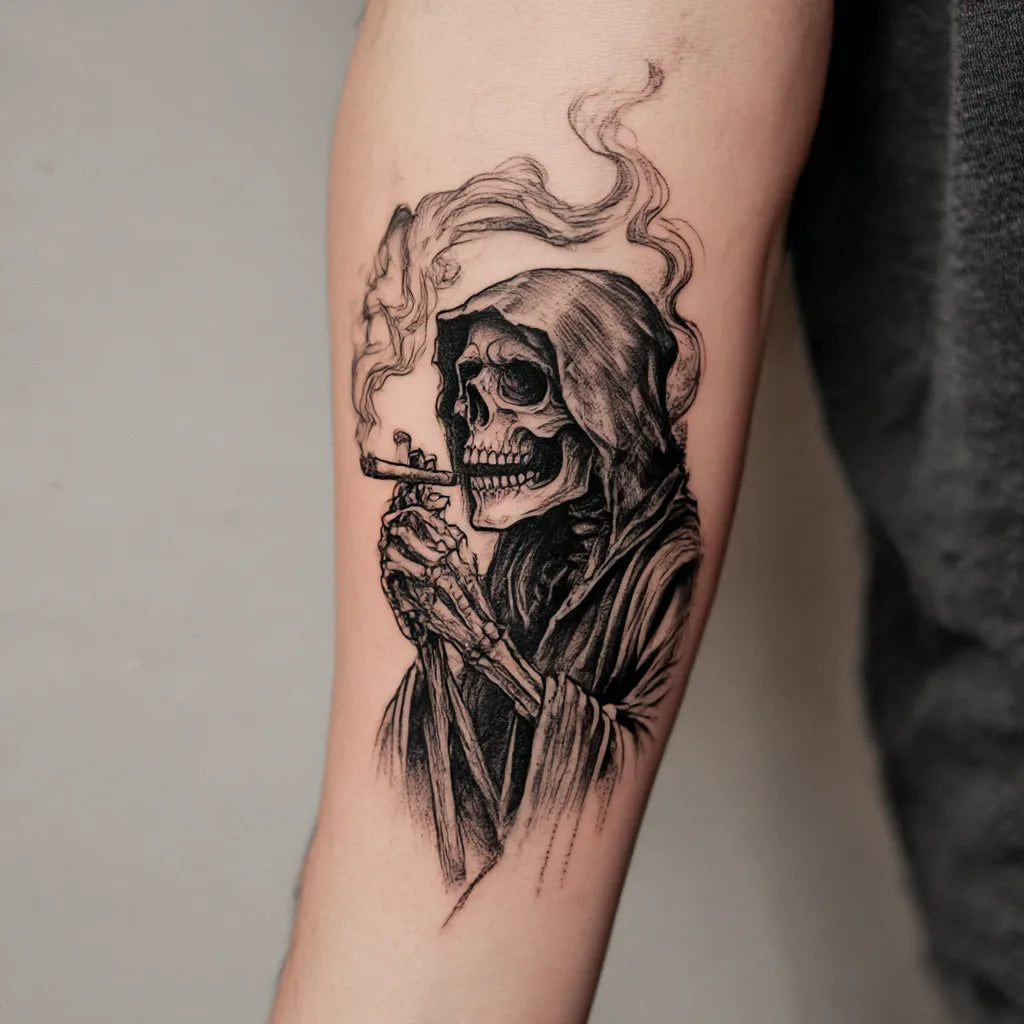 grim reaper blunt tattoo on forearm