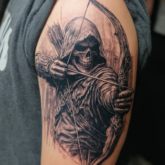 grim reaper bow hunter tattoo on bicep