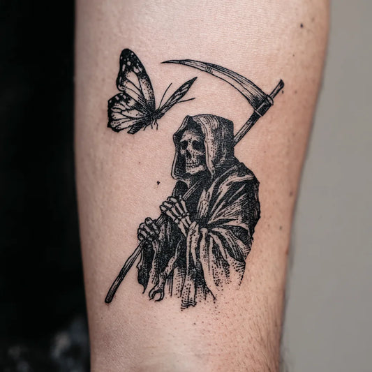 grim reaper butterfly tattoo on forearm