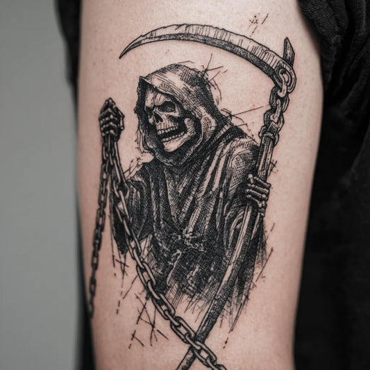 grim reaper chain tattoo on bicep