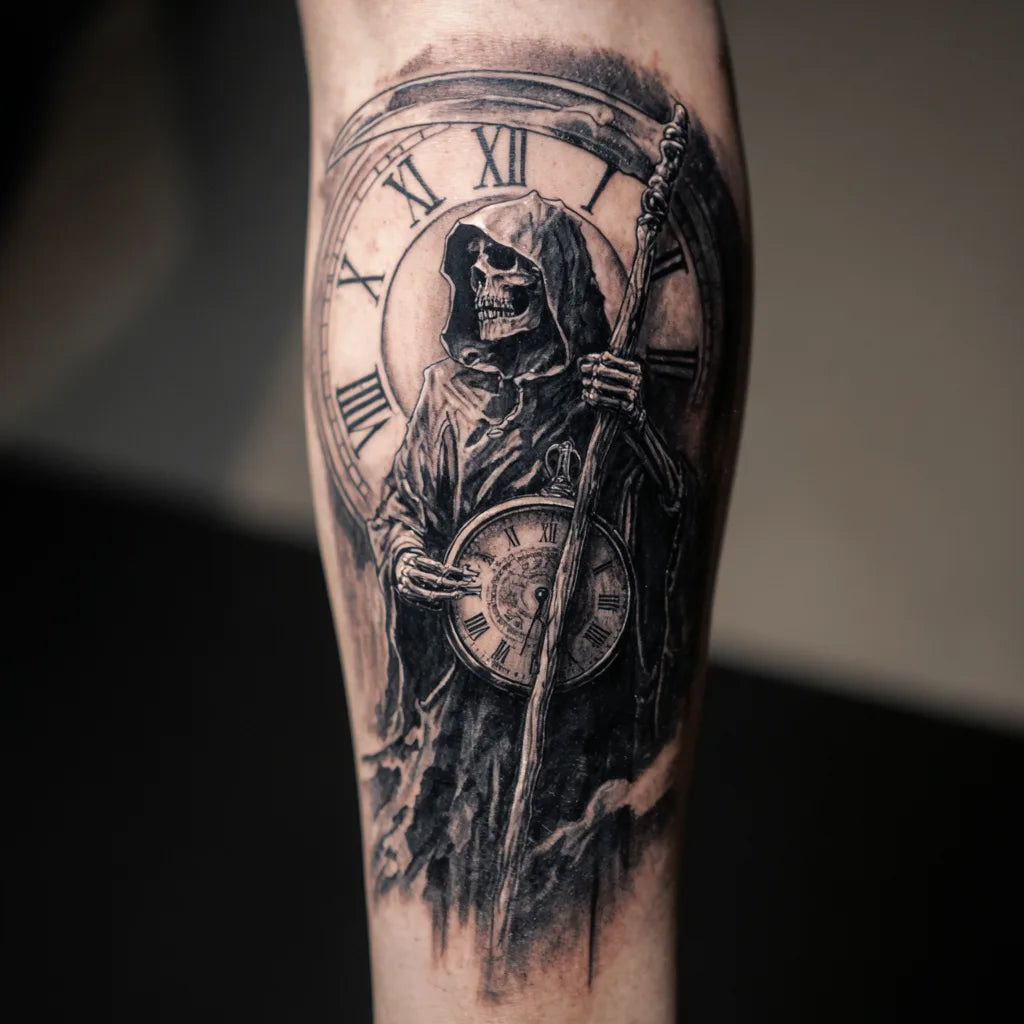 grim reaper clock tattoo on forearm