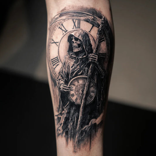 grim reaper clock tattoo on forearm