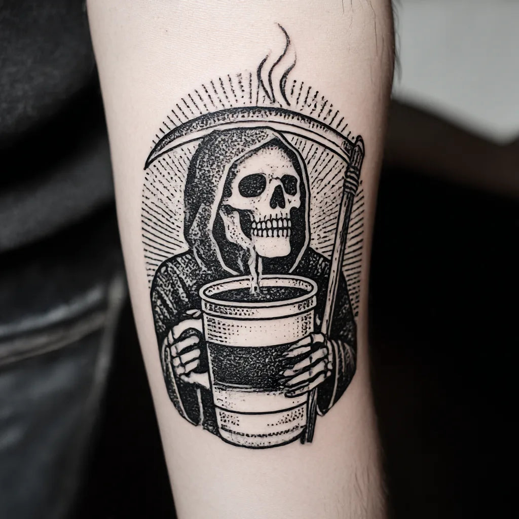 grim reaper coffee tattoo on forearm