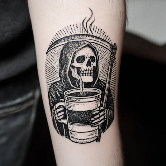 grim reaper coffee tattoo on forearm