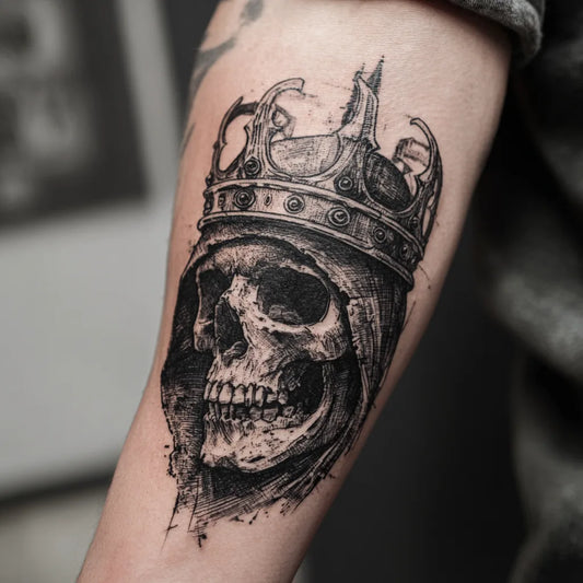 grim reaper crown tattoo on forearm