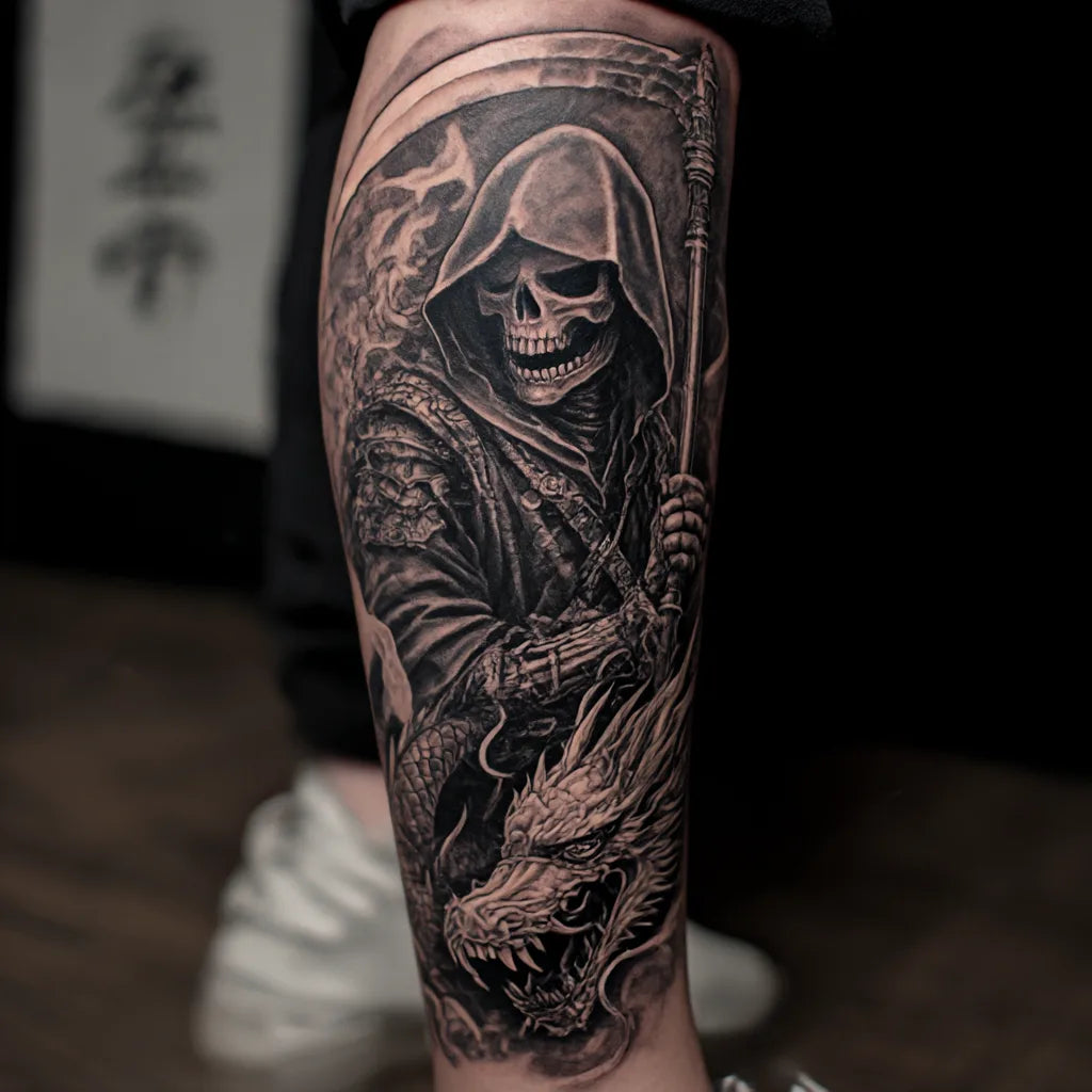 grim reaper dragon tattoo on leg