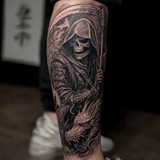 grim reaper dragon tattoo on leg